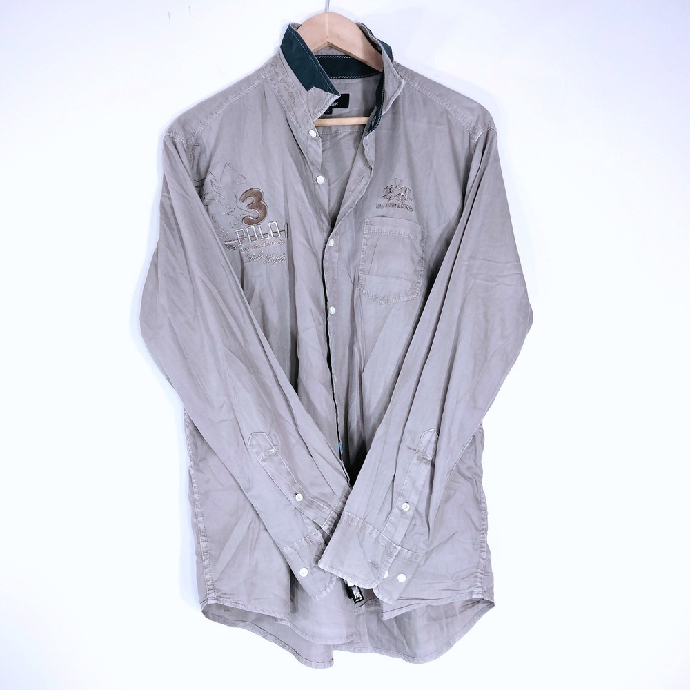 La Martina Gray Button Down Shirt; Embroidered Polo Style Long Sleeve